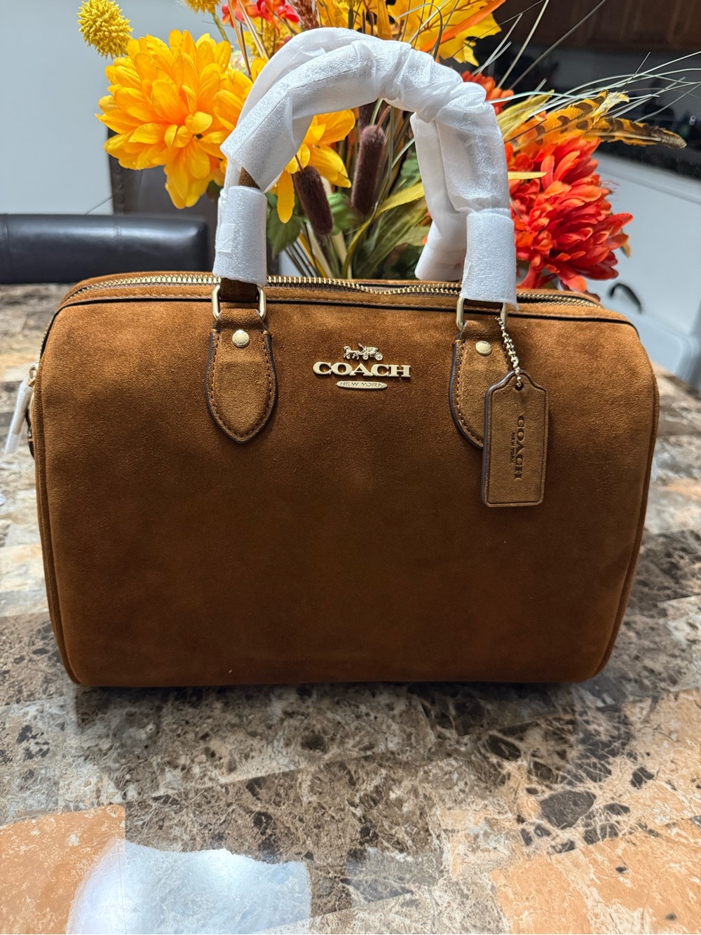 Coach Chestnut Suede Satchel with Gold Hardware